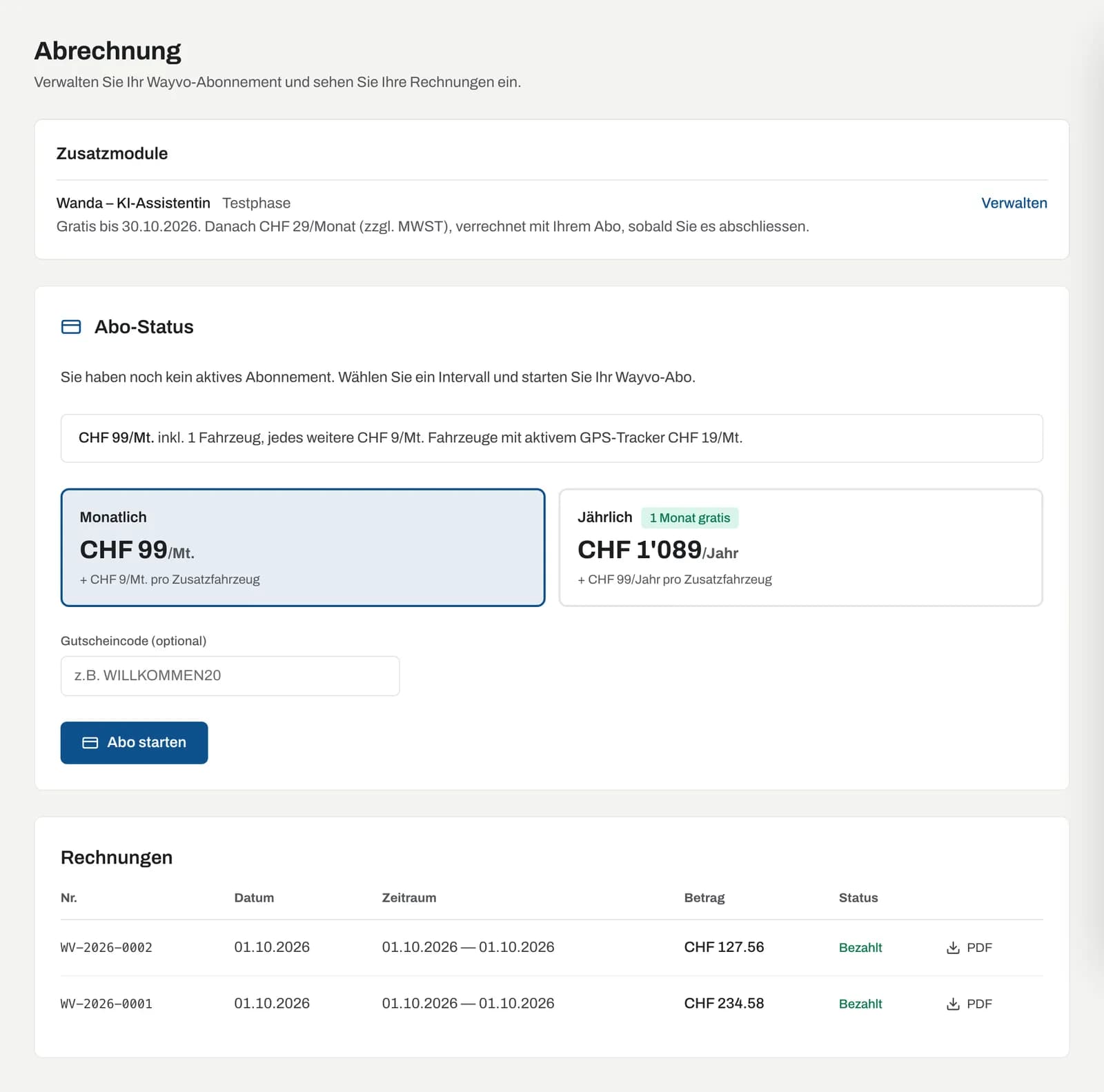 Seite Abrechnung ohne Abo mit Intervallwahl und Gutscheincode