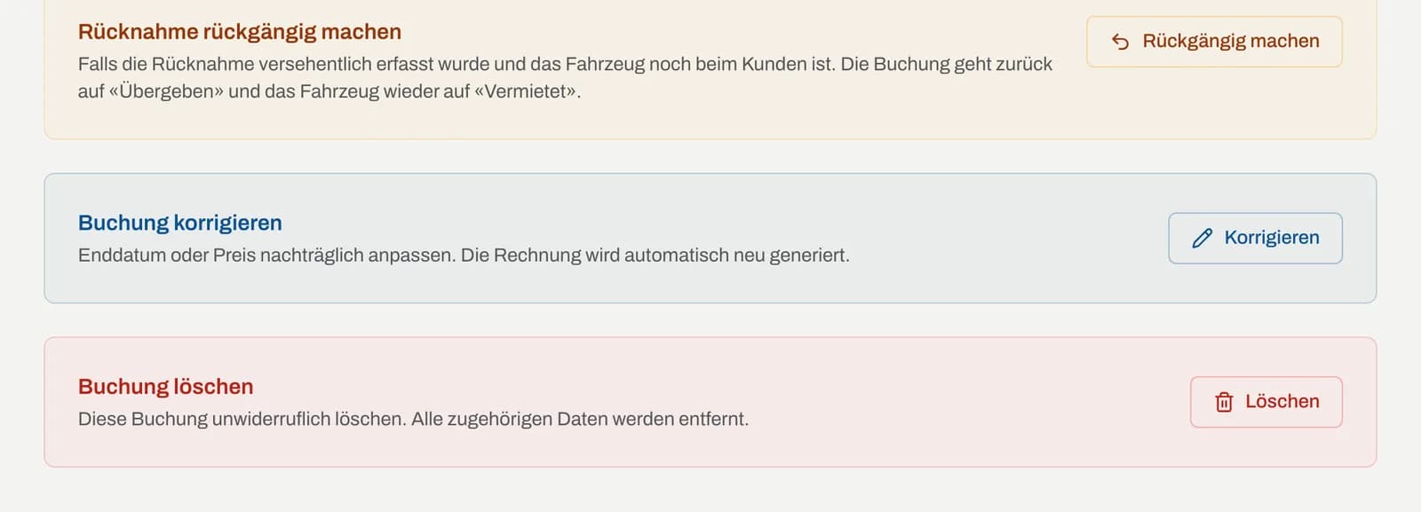Abschnitte für abgeschlossene Buchungen: rückgängig machen, korrigieren, löschen