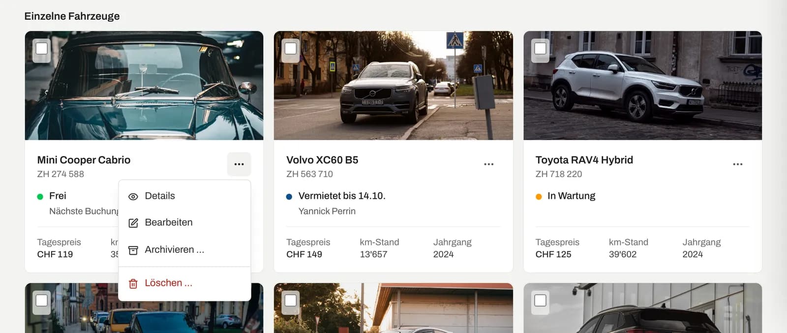 Aktionsmenü einer Fahrzeugkachel