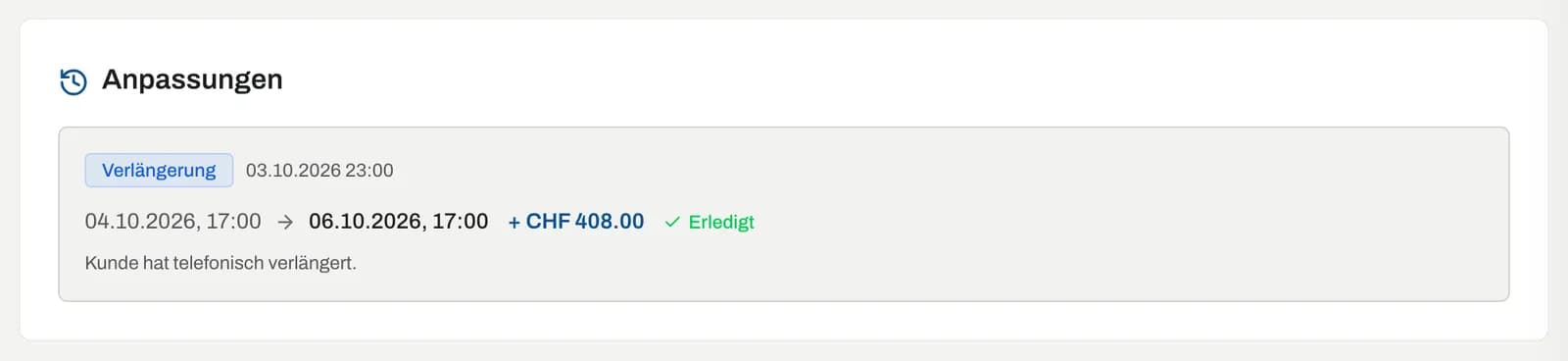 Karte «Anpassungen» mit einer erledigten Verlängerung