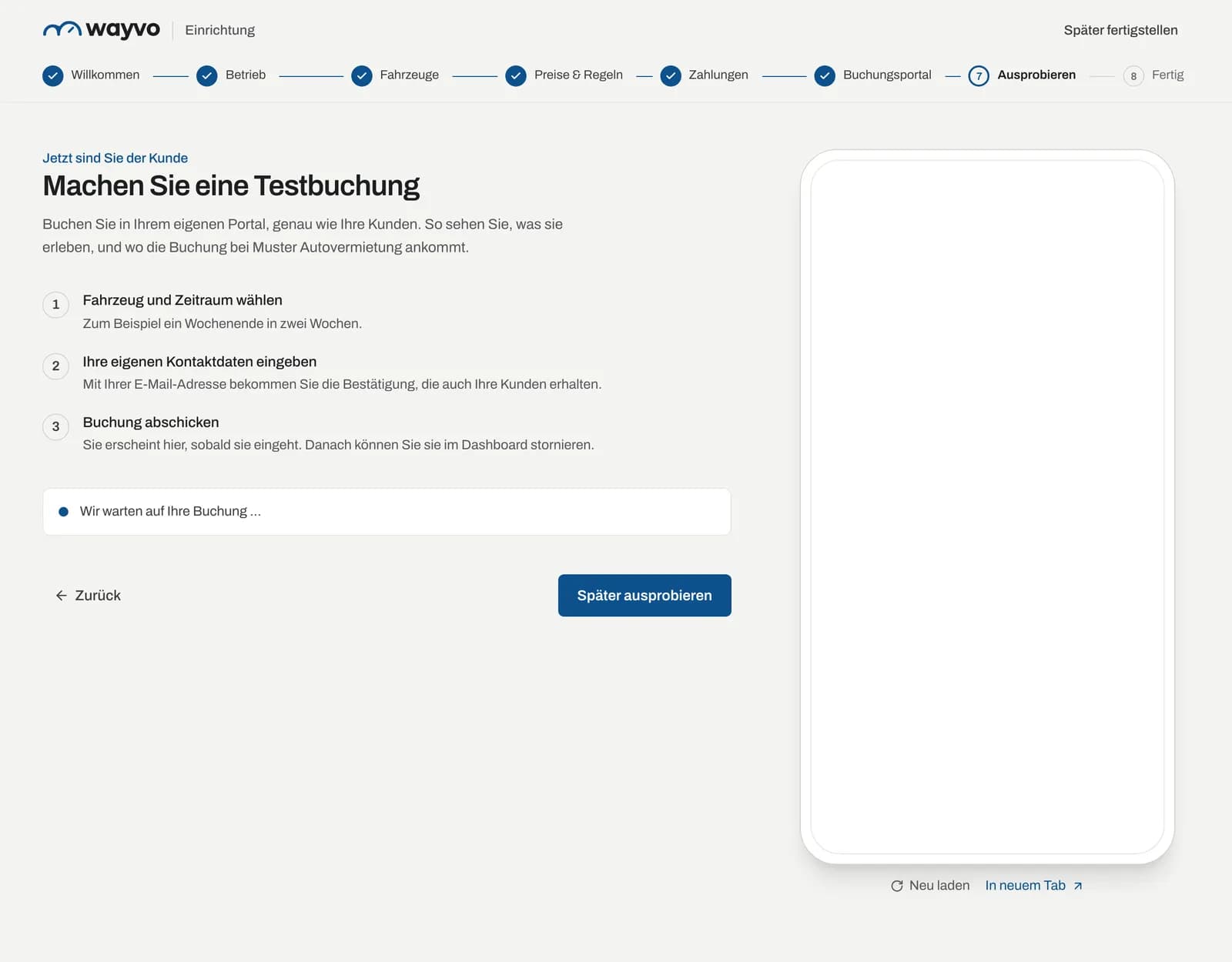 Schritt Ausprobieren mit Anleitung zur Testbuchung