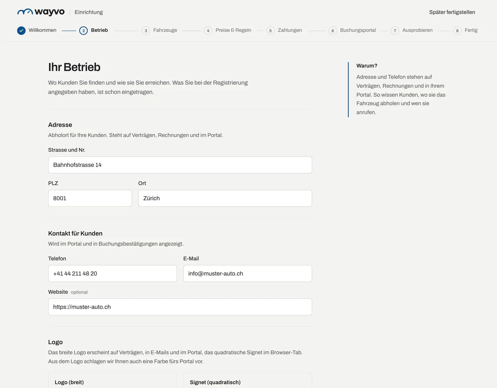 Schritt Betrieb mit Adresse, Kontakt und Logo