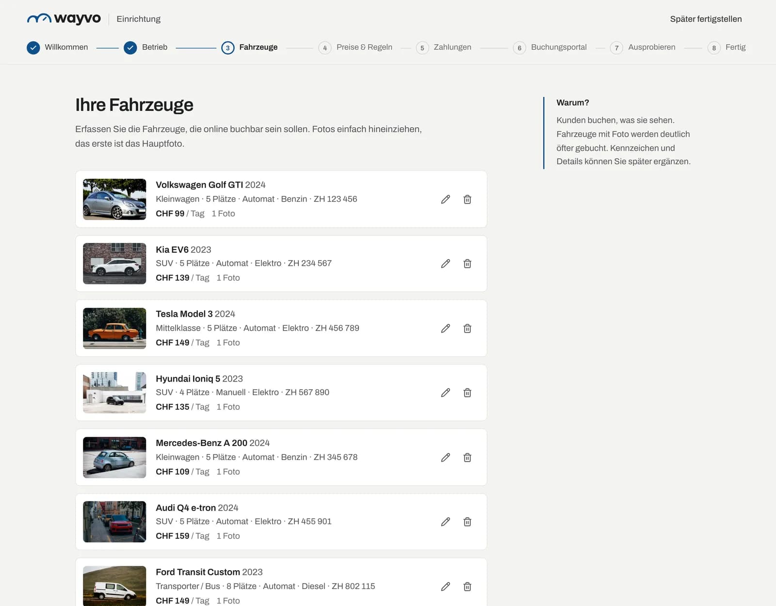 Schritt Fahrzeuge mit der Liste der erfassten Fahrzeuge