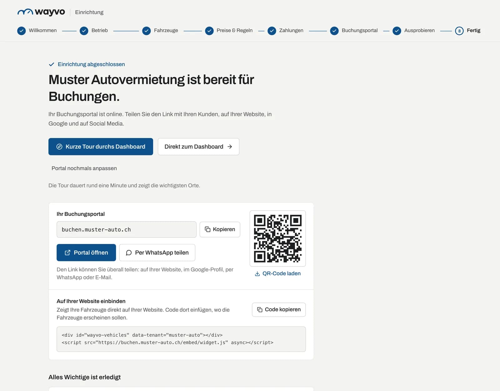 Schritt Fertig mit Buchungslink, QR-Code und Code zum Einbinden