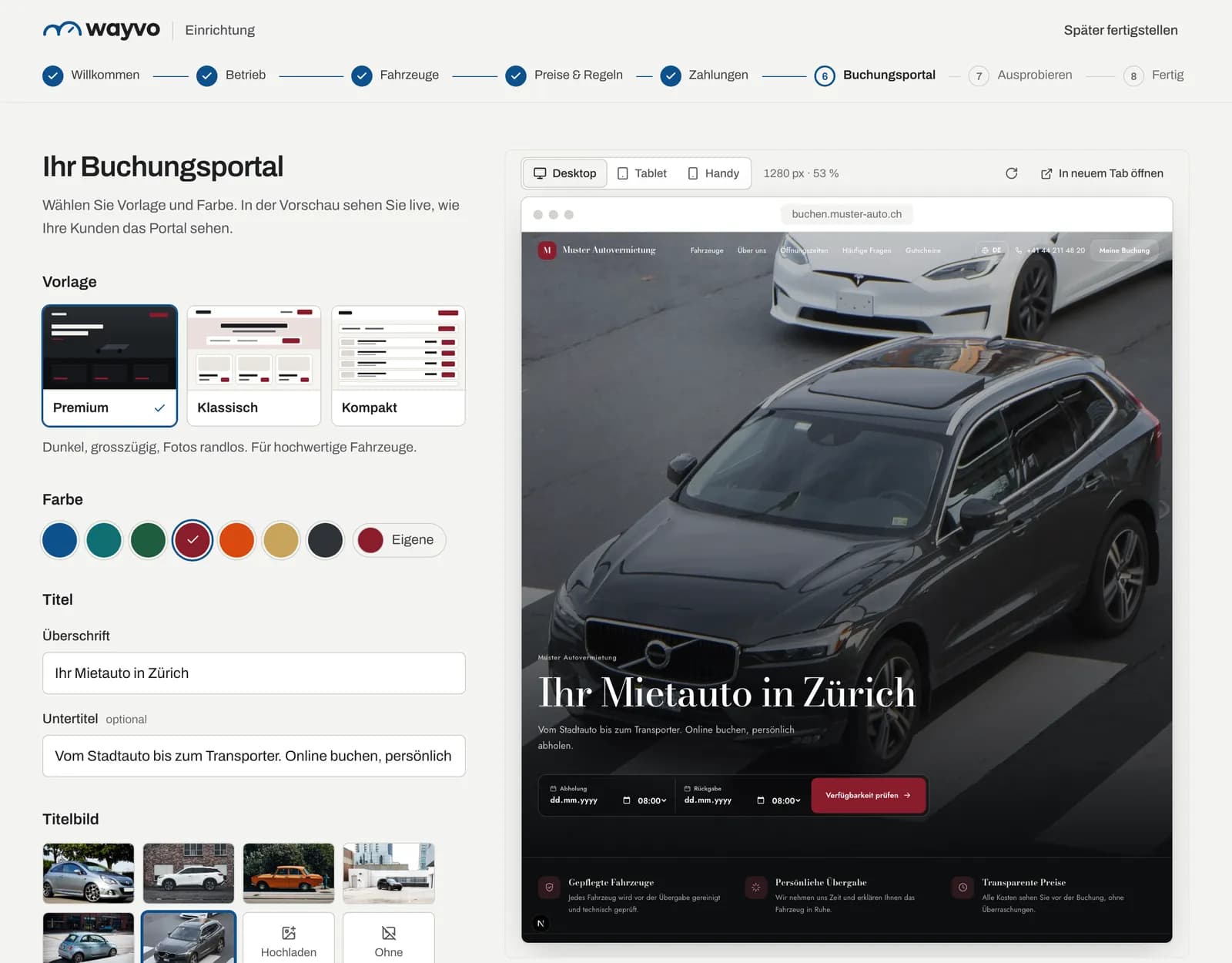 Schritt Buchungsportal mit Vorlage, Farbe, Titel und Live-Vorschau