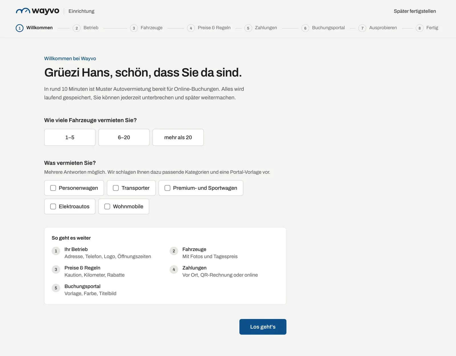 Schritt Willkommen mit den Fragen zur Flottengrösse und zum Angebot