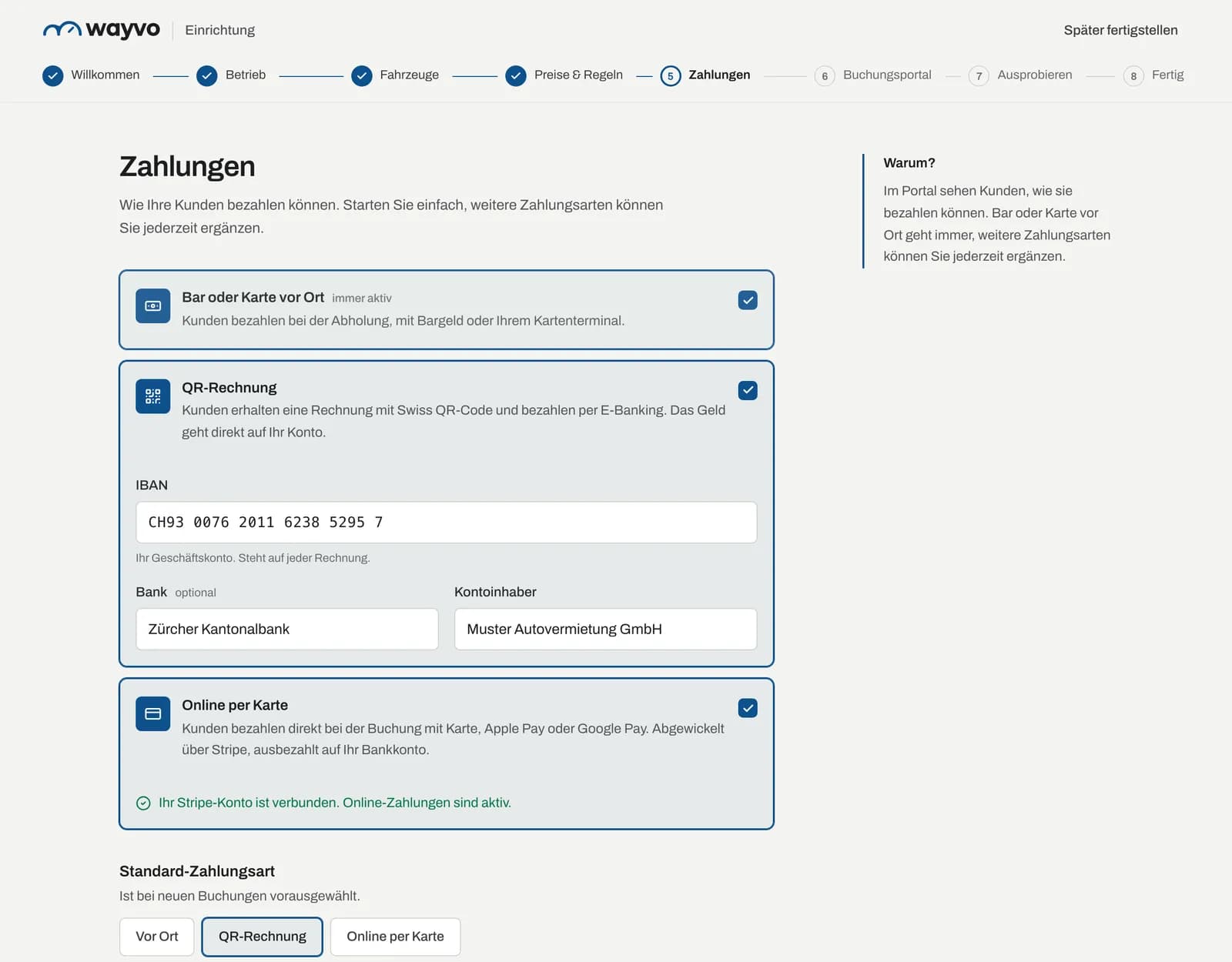 Schritt Zahlungen mit Bar oder Karte vor Ort, QR-Rechnung und Online per Karte