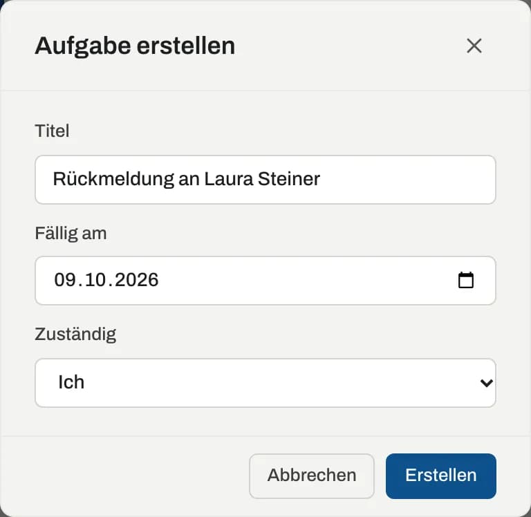 Dialog «Aufgabe erstellen» mit Titel, Fälligkeit und Zuständigkeit