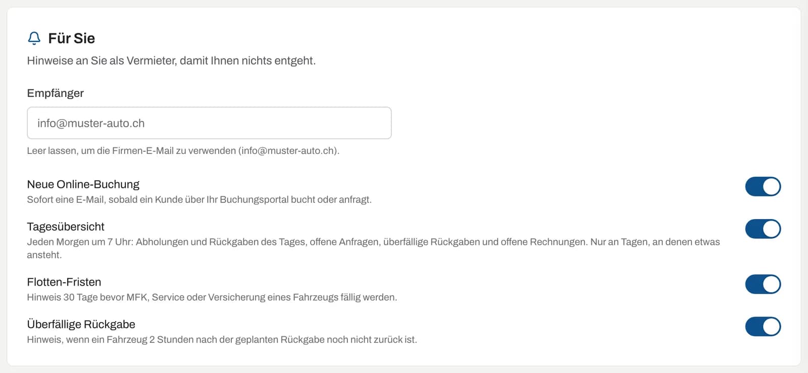 Automatisierungen «Für Sie» mit Empfänger und der Option Flotten-Fristen