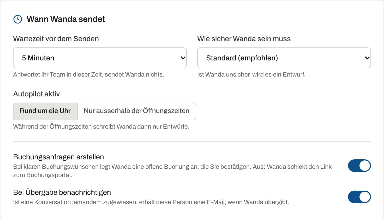 Bereich «Wann Wanda sendet» mit Wartezeit, Sicherheit und Zeitfenster