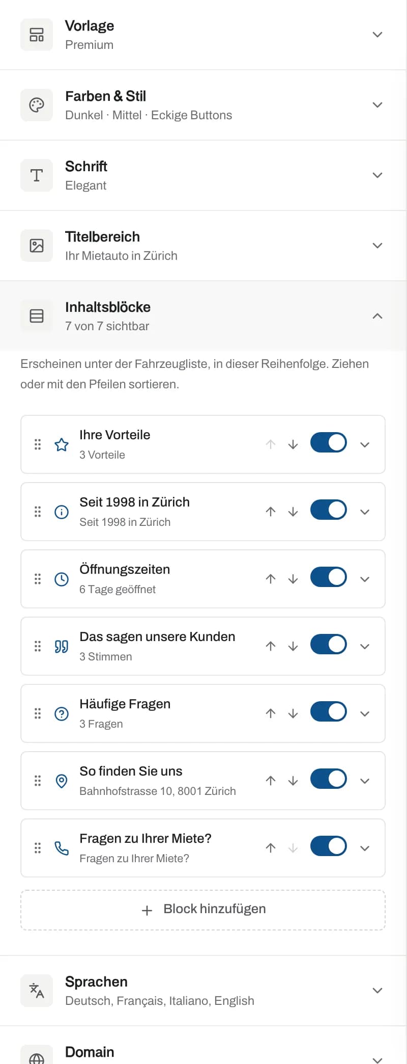 Liste der Inhaltsblöcke mit Schaltern, Pfeilen und Block hinzufügen