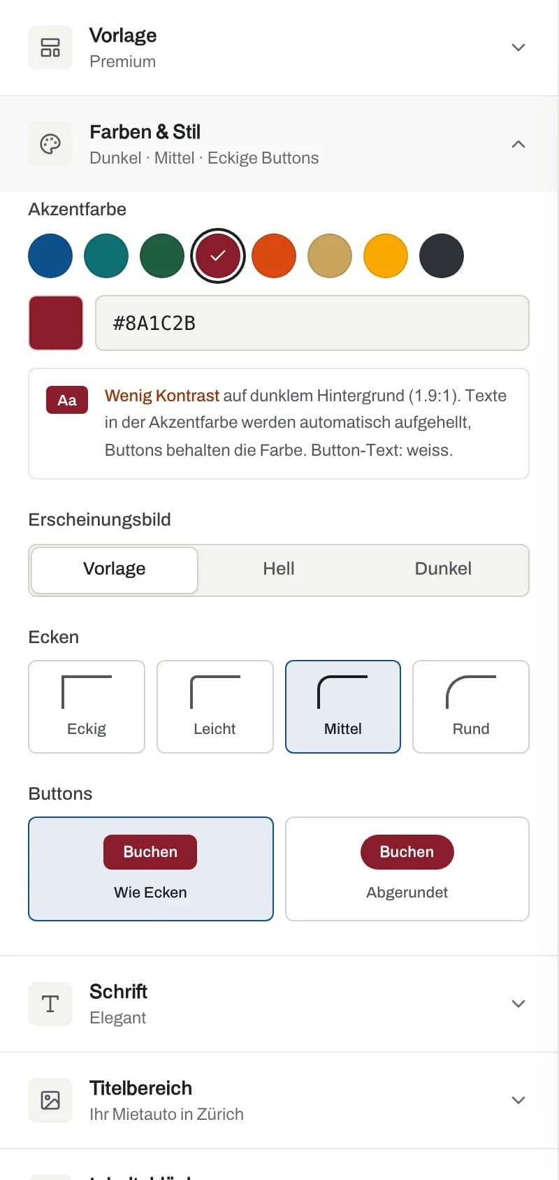 Abschnitt Farben und Stil mit Farbfeldern, Erscheinungsbild, Ecken und Buttons