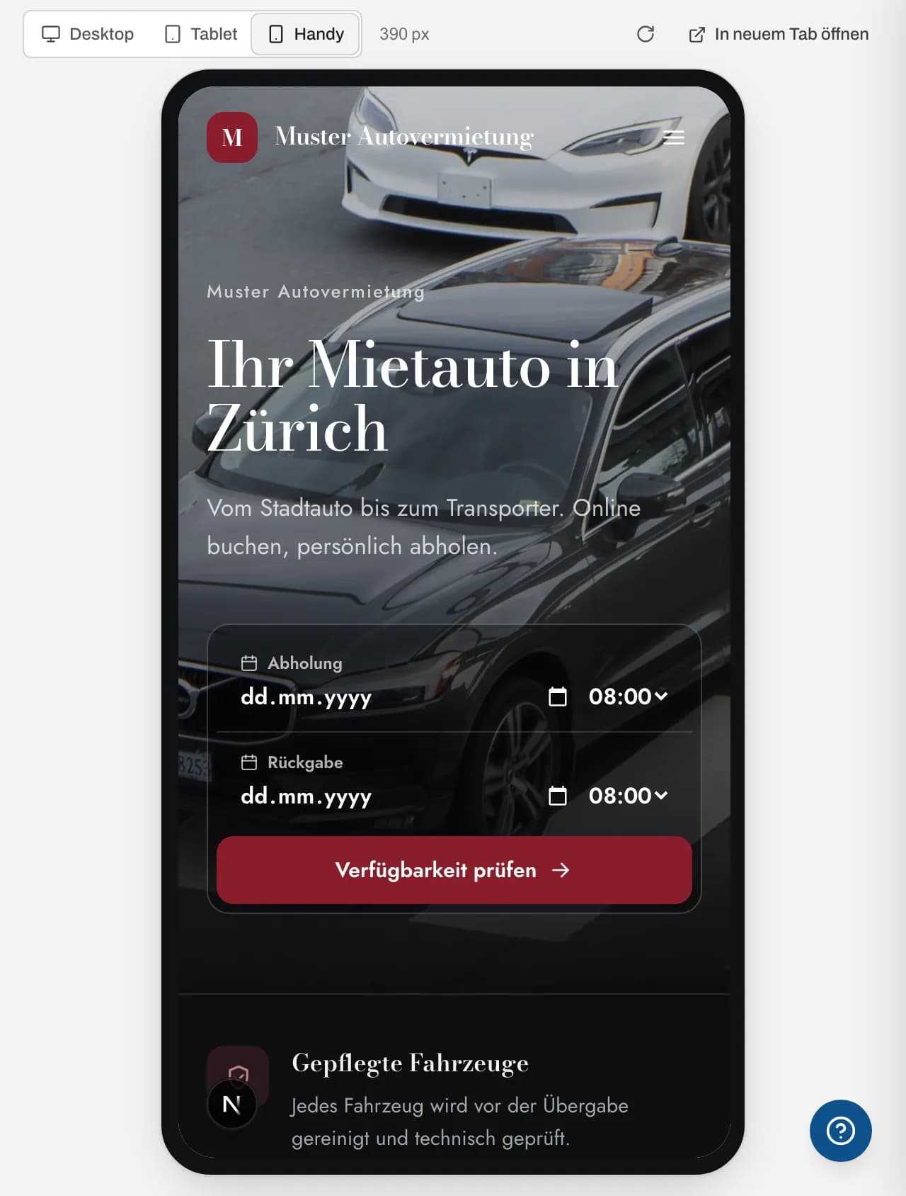 Vorschau des Portals in der Handy-Ansicht