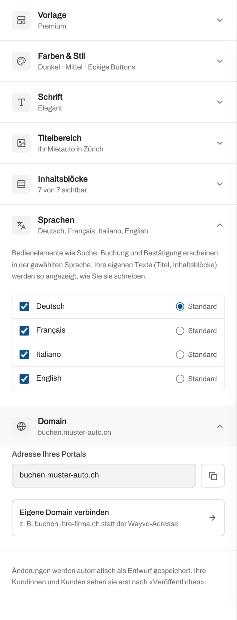 Sprachauswahl mit Standardsprache und Domain-Abschnitt