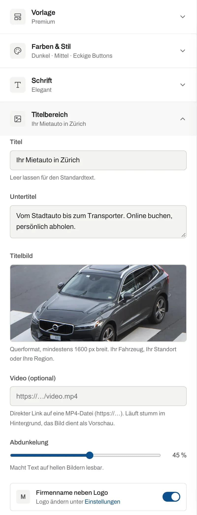 Abschnitt Titelbereich mit Titel, Untertitel, Titelbild, Video und Abdunkelung