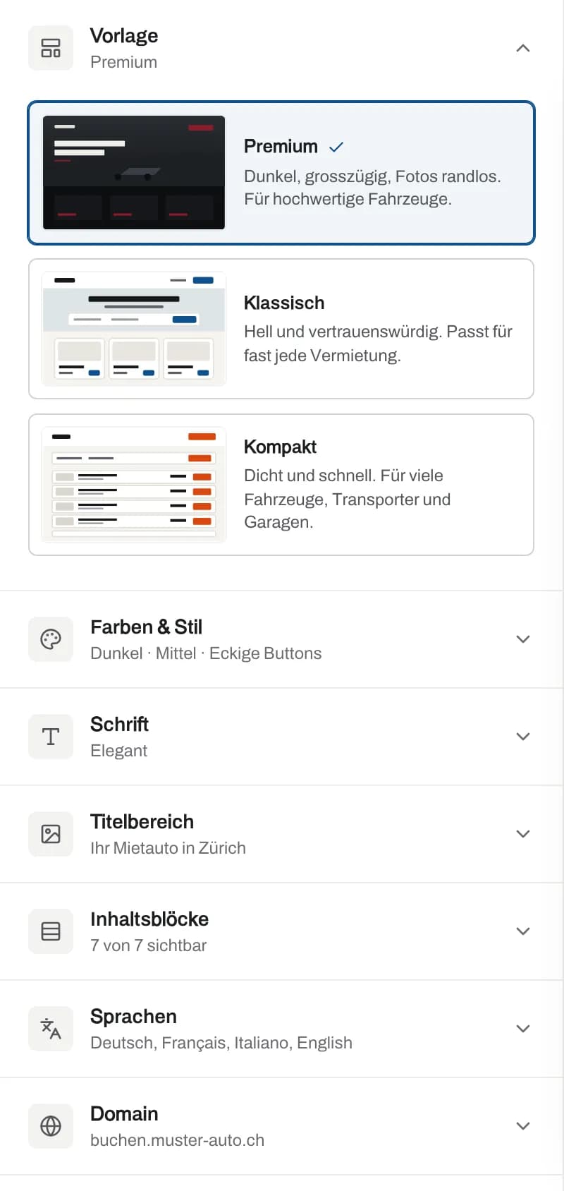 Auswahl der drei Vorlagen im Baukasten