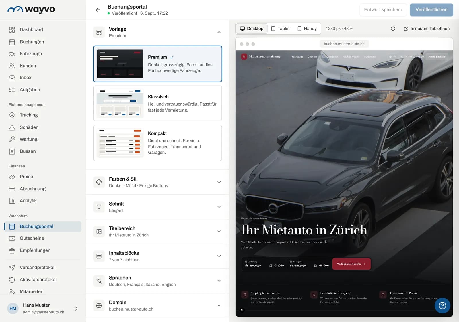 Baukasten mit Einstellungen links und Live-Vorschau rechts
