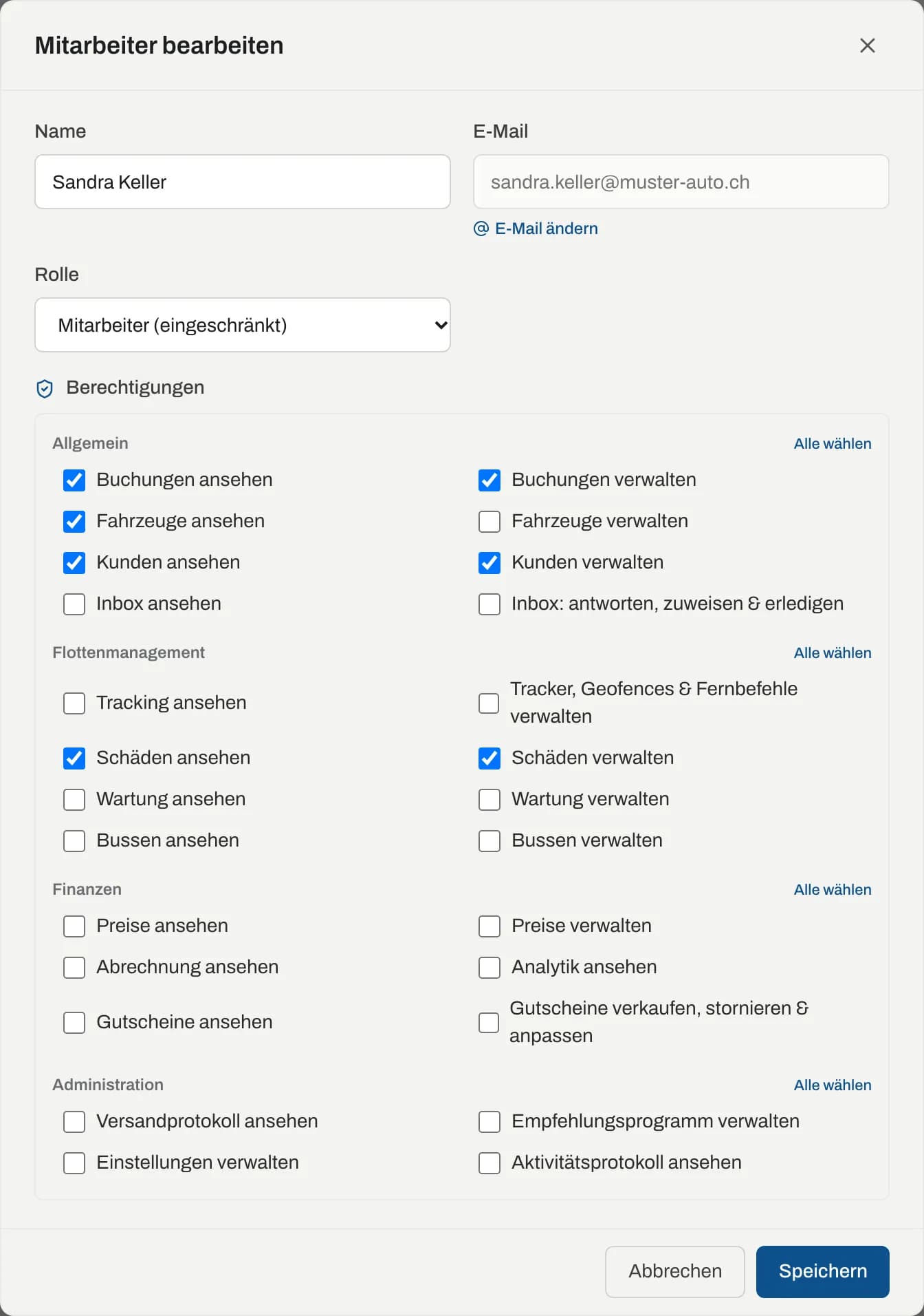 Dialog Mitarbeiter bearbeiten mit Rolle und Berechtigungen