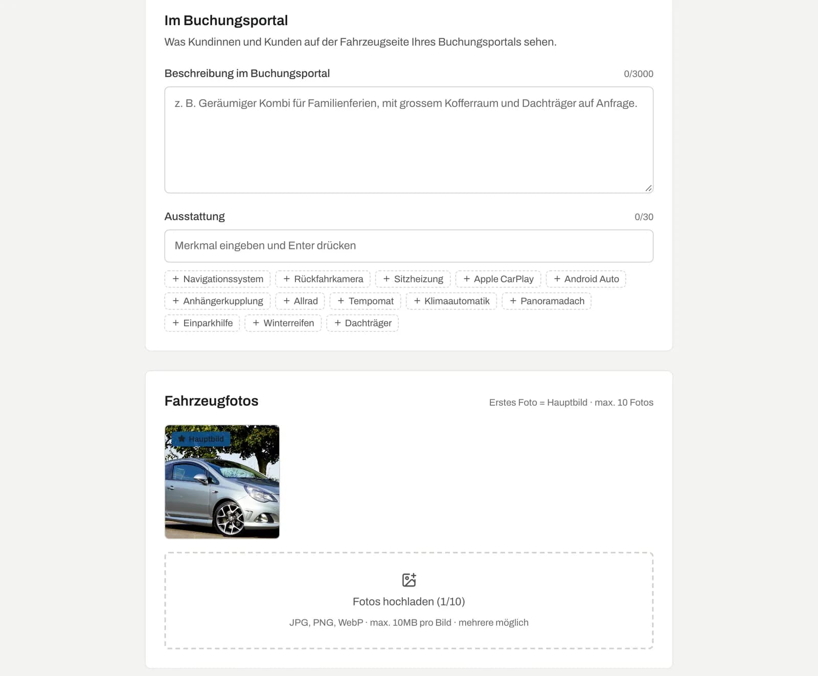 Bereiche «Im Buchungsportal» und «Fahrzeugfotos» im Bearbeitungsformular