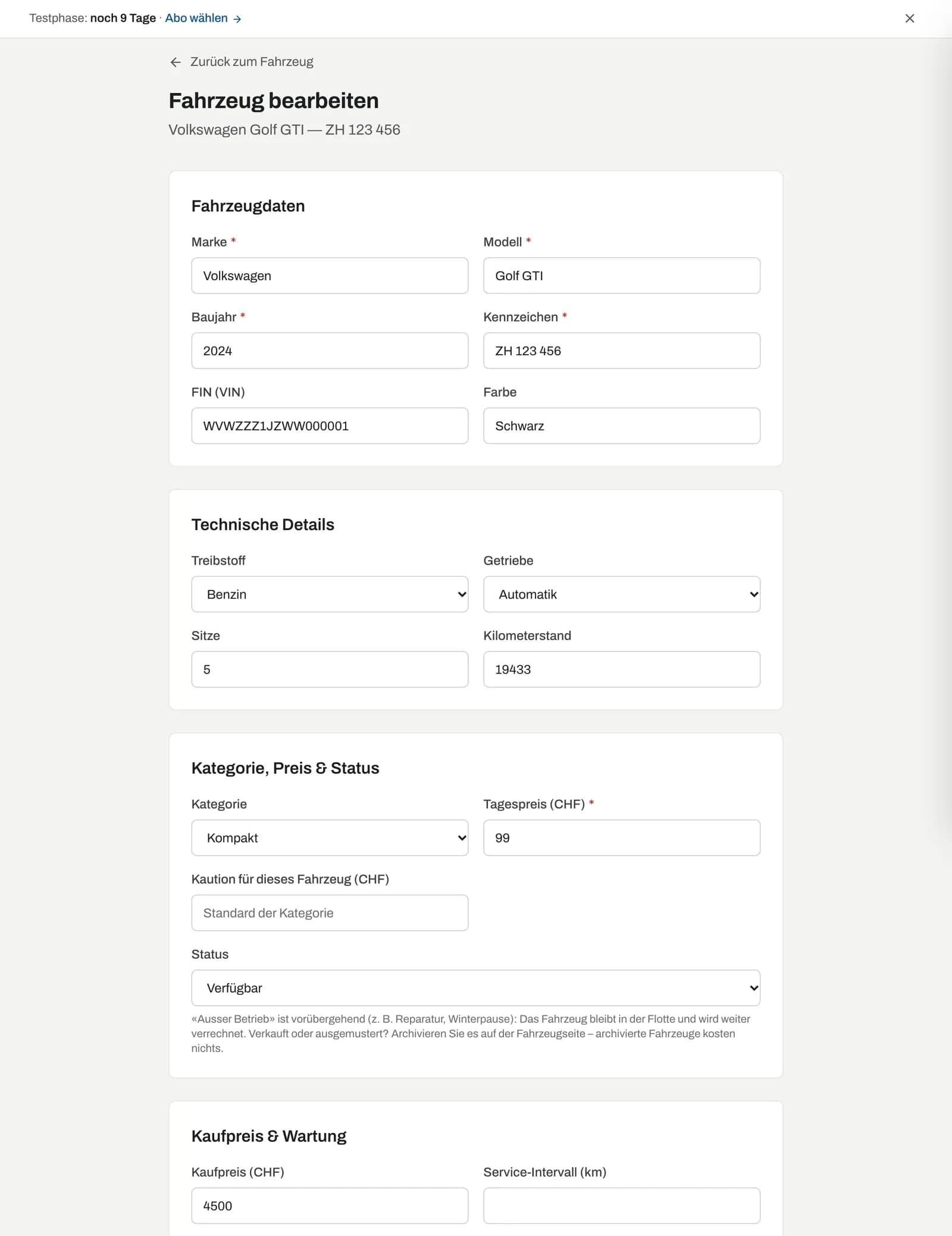 Bearbeitungsformular mit Fahrzeugdaten, Technischen Details, Kategorie, Preis & Status sowie Kaufpreis & Wartung