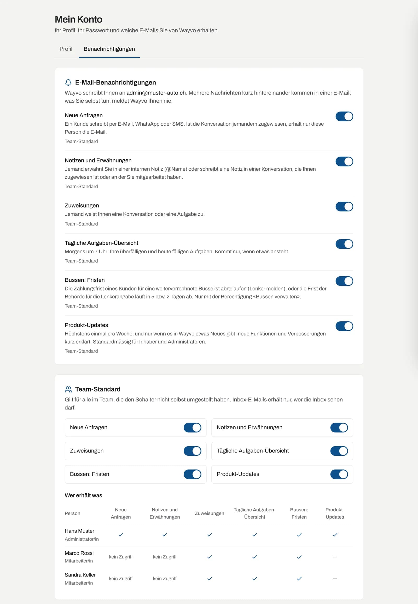 Persönliche E-Mail-Benachrichtigungen mit Schaltern und dem Team-Standard
