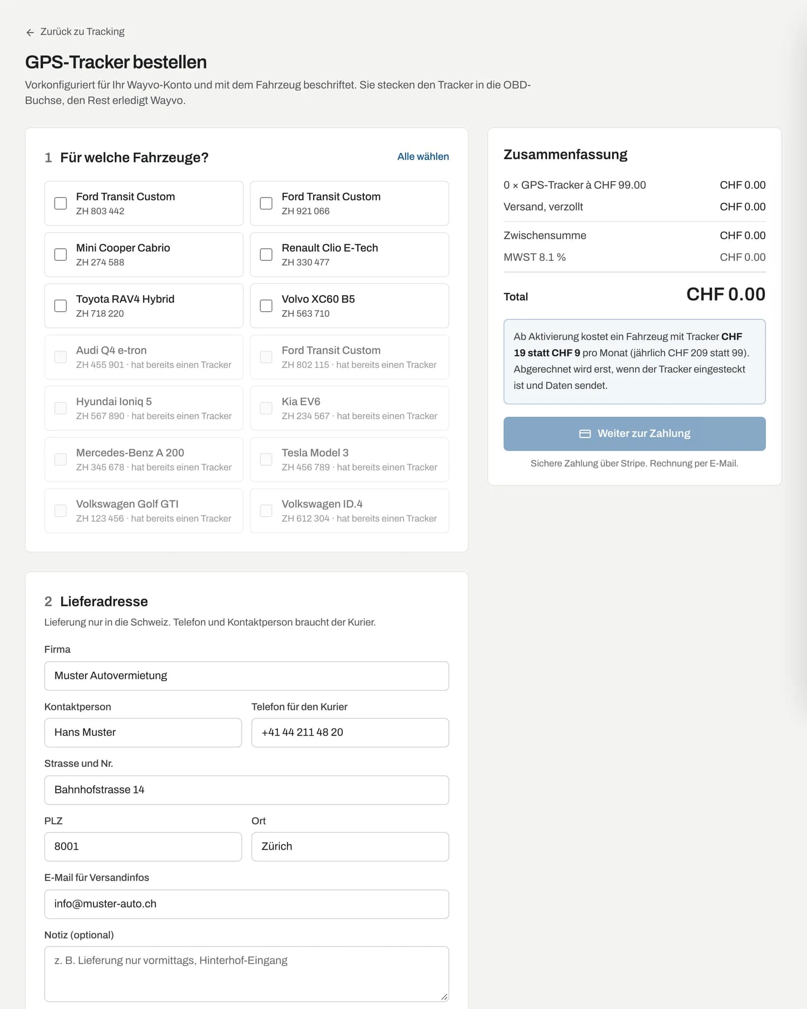 Bestellseite «GPS-Tracker bestellen» mit Fahrzeugauswahl, Lieferadresse und Zusammenfassung
