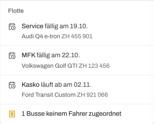Bereich «Flotte» auf dem Dashboard mit anstehenden MFK-, Service- und Versicherungsfristen