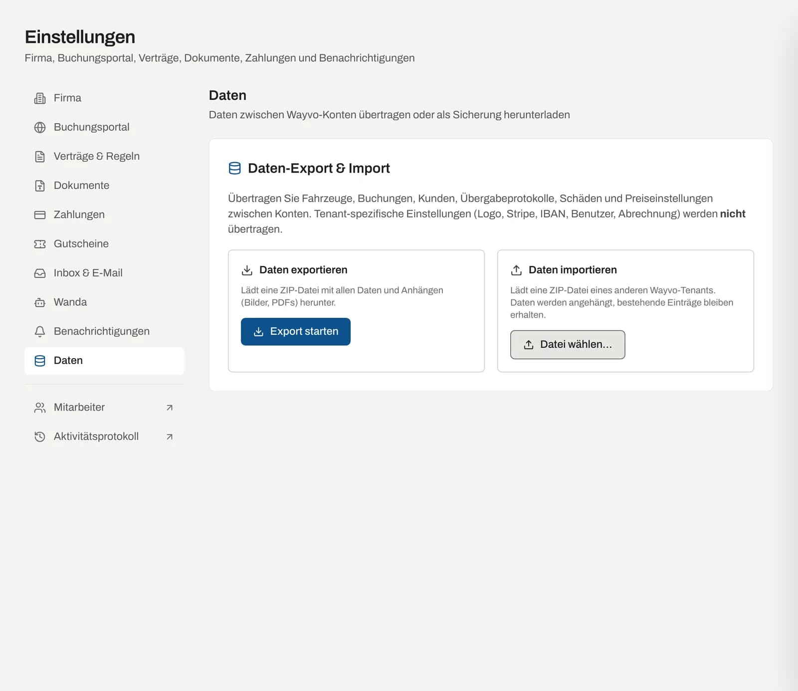 Einstellungen → Daten mit Export und Import