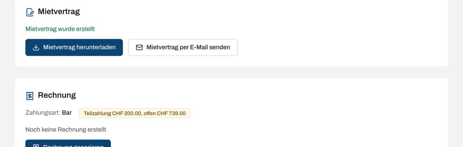 Karten Mietvertrag und Rechnung