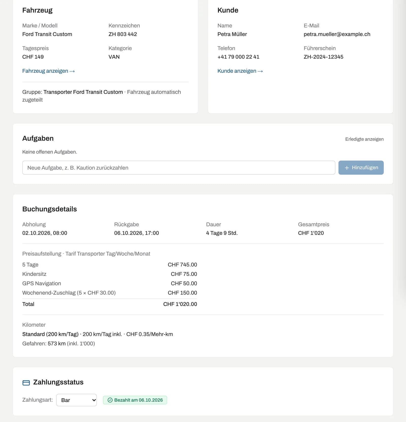 Karten Fahrzeug, Kunde und Buchungsdetails mit Preisaufstellung