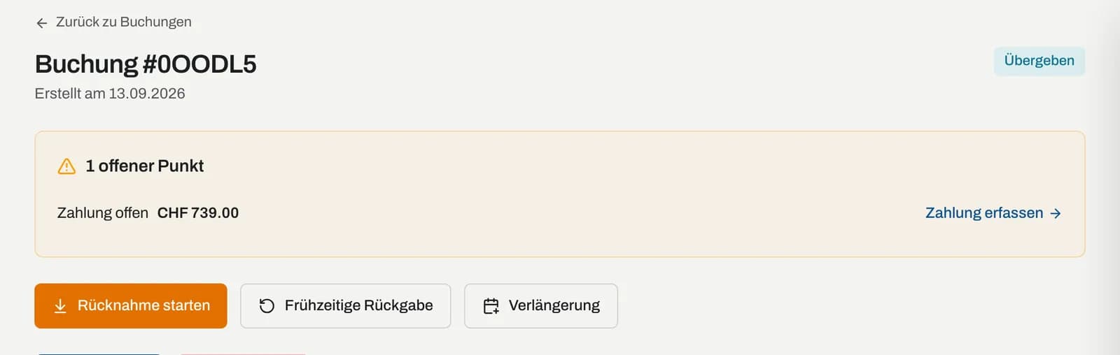 Kopf der Buchungsseite mit Aktionen