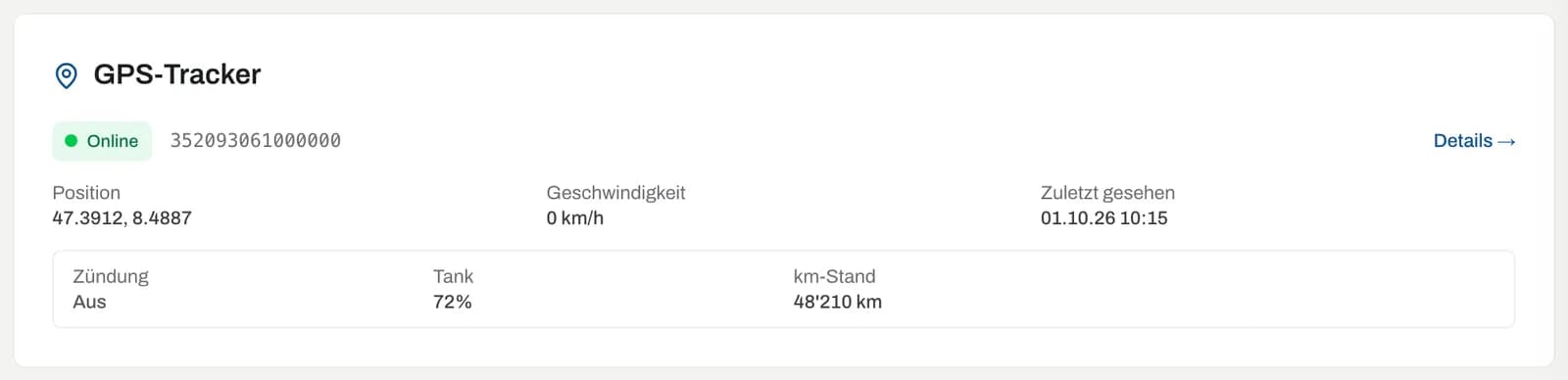 GPS-Tracker-Bereich auf der Fahrzeugseite mit Position, Geschwindigkeit und OBD-Werten