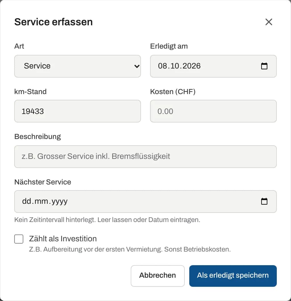 Dialog «Service erfassen» mit Datum, km-Stand, Kosten, Beschreibung und nächstem Service