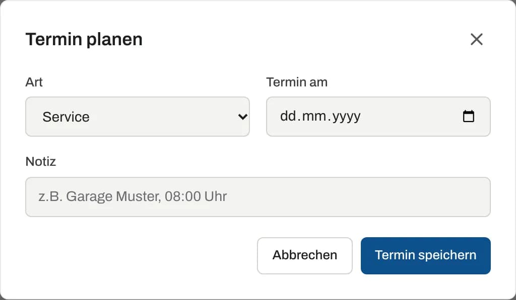 Dialog «Termin planen» mit Art, Termin am und Notiz