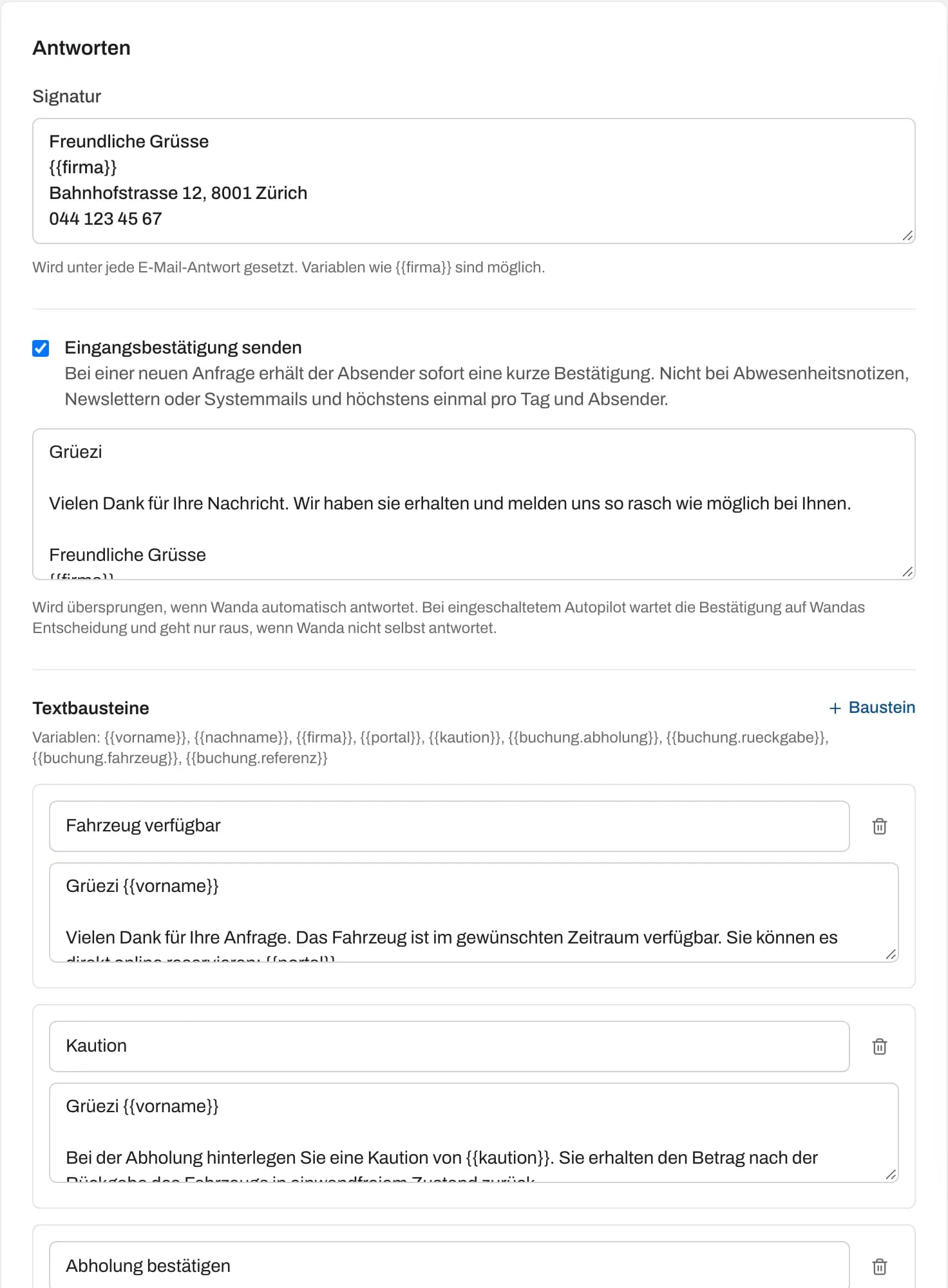 Bereich «Antworten» mit Signatur, eingeschalteter Eingangsbestätigung und Textbausteinen