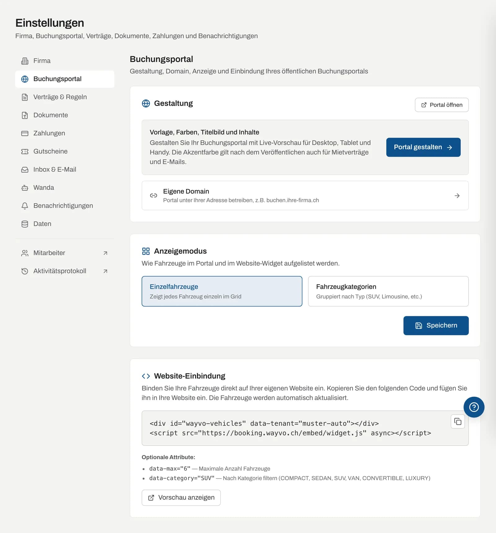 Einstellungen Buchungsportal mit Gestaltung, Anzeigemodus und Website-Einbindung