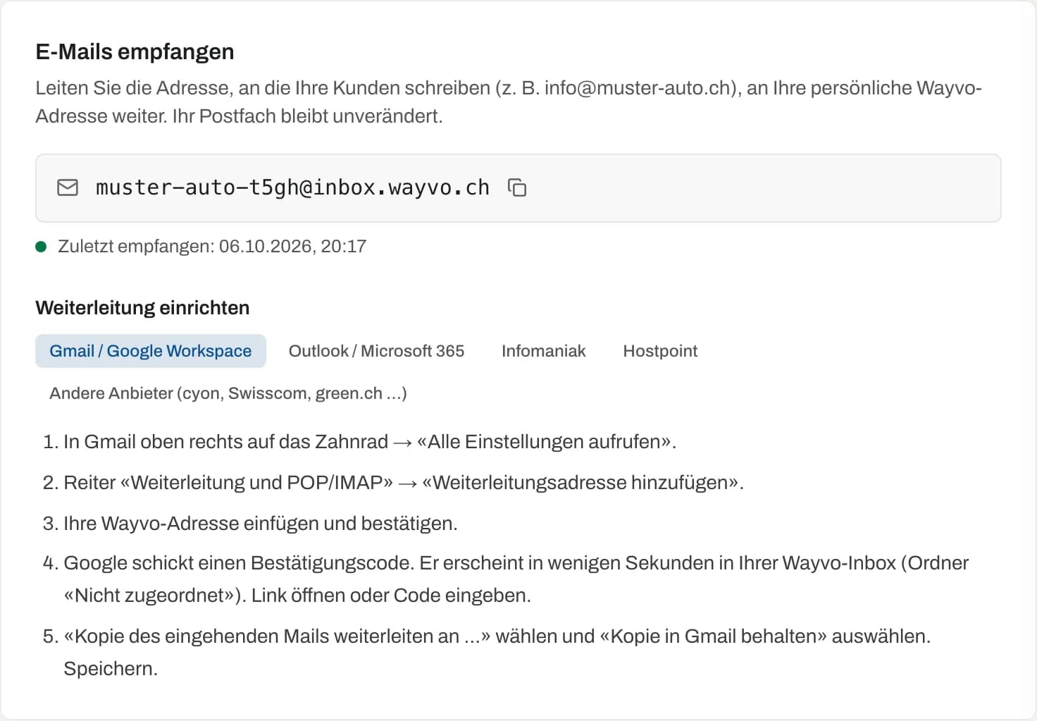 Bereich «E-Mails empfangen» mit der persönlichen Wayvo-Adresse und der Anleitung für Gmail