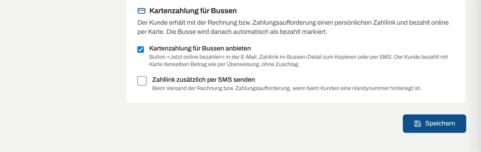 Einstellungen: Kartenzahlung für Bussen anbieten und Zahllink zusätzlich per SMS senden