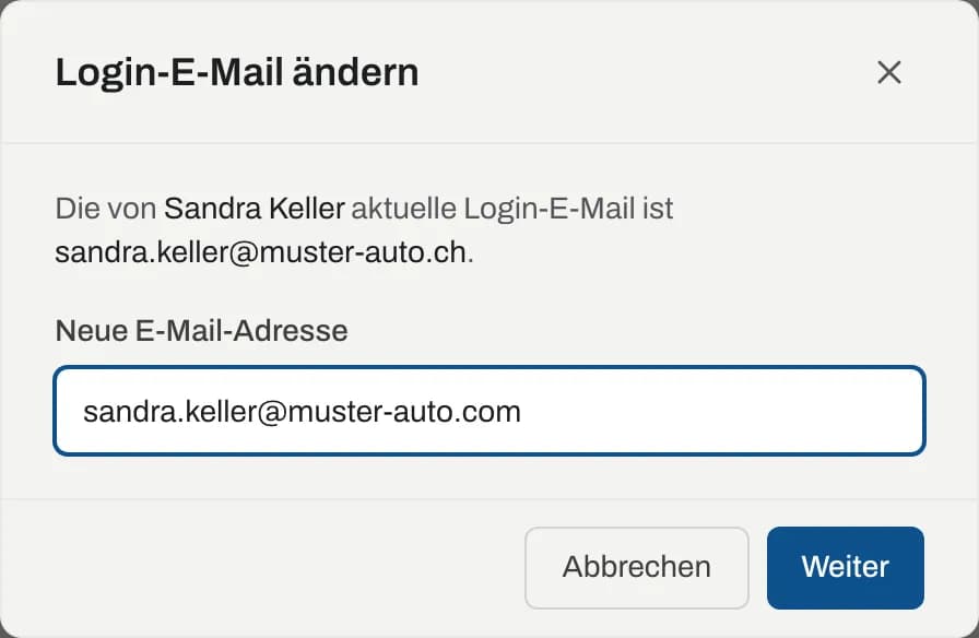 Dialog Login-E-Mail ändern mit der bisherigen und der neuen Adresse