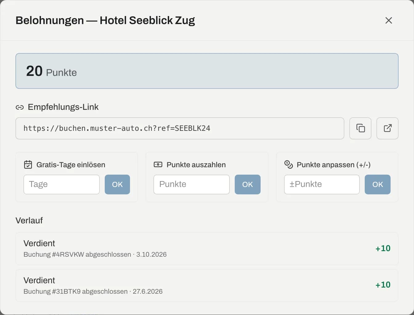 Dialog Belohnungen mit Punktestand, Empfehlungs-Link, Gratis-Tage einlösen, Punkte auszahlen und Verlauf