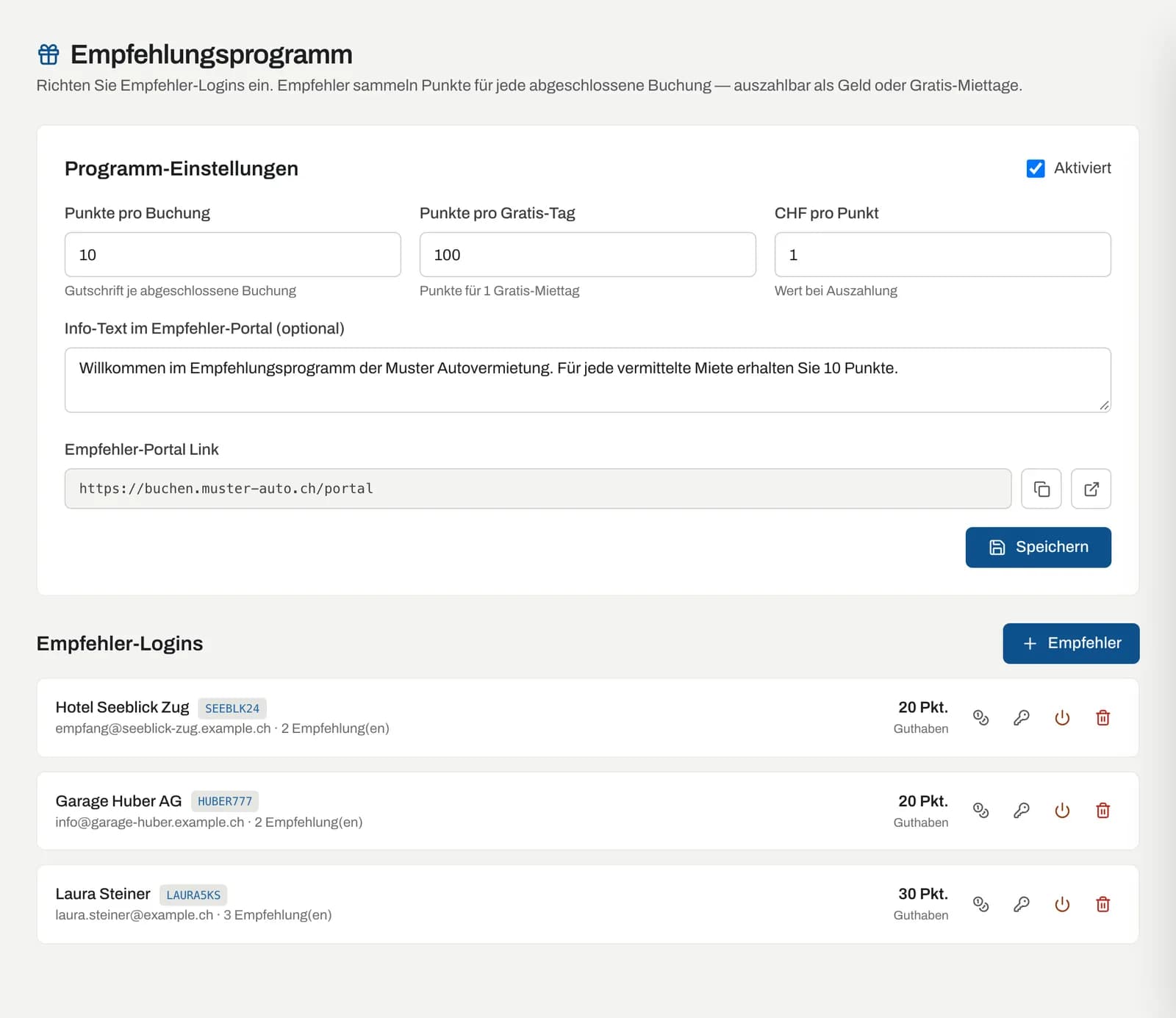 Empfehlungsprogramm mit Programm-Einstellungen und drei Empfehler-Logins