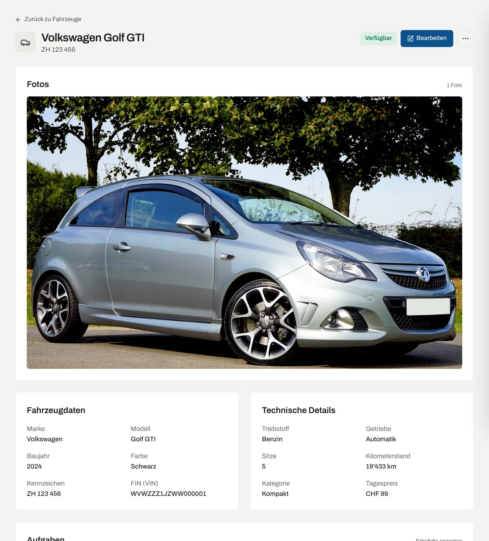 Kopf der Fahrzeugseite mit Status, Bearbeiten, Fotos, Fahrzeugdaten und Technischen Details