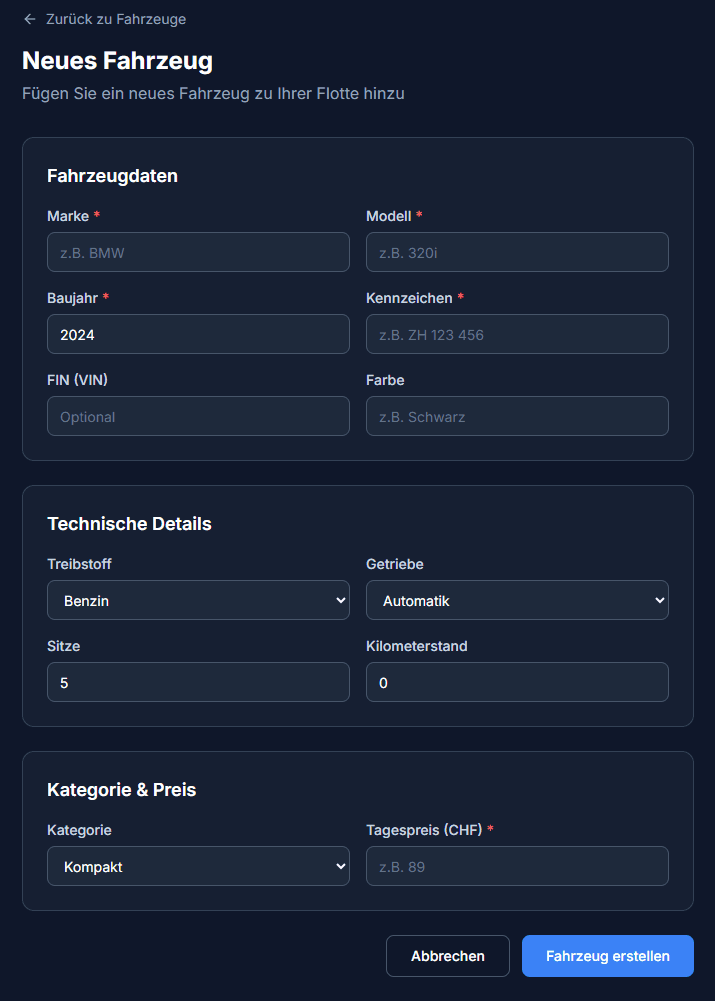 Fahrzeug-Erstellungsformular