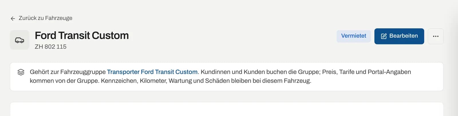 Hinweis «Gehört zur Fahrzeuggruppe» auf der Fahrzeugseite