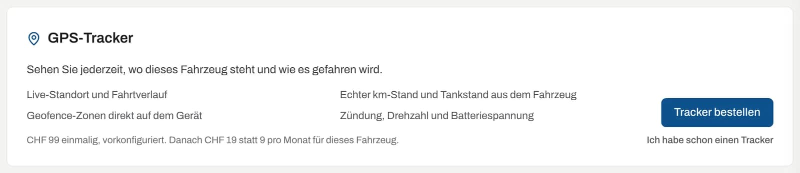 Bereich «GPS-Tracker» auf der Fahrzeugseite eines Fahrzeugs ohne Tracker mit «Tracker bestellen»