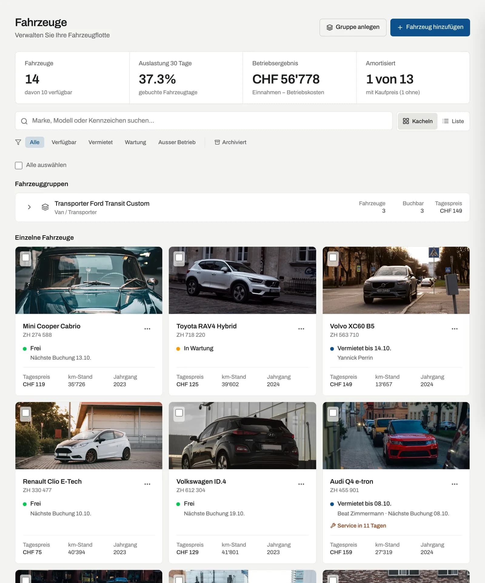 Fahrzeugliste mit Kennzahlen, Suche, Filtern, Fahrzeuggruppen und Fahrzeugkacheln