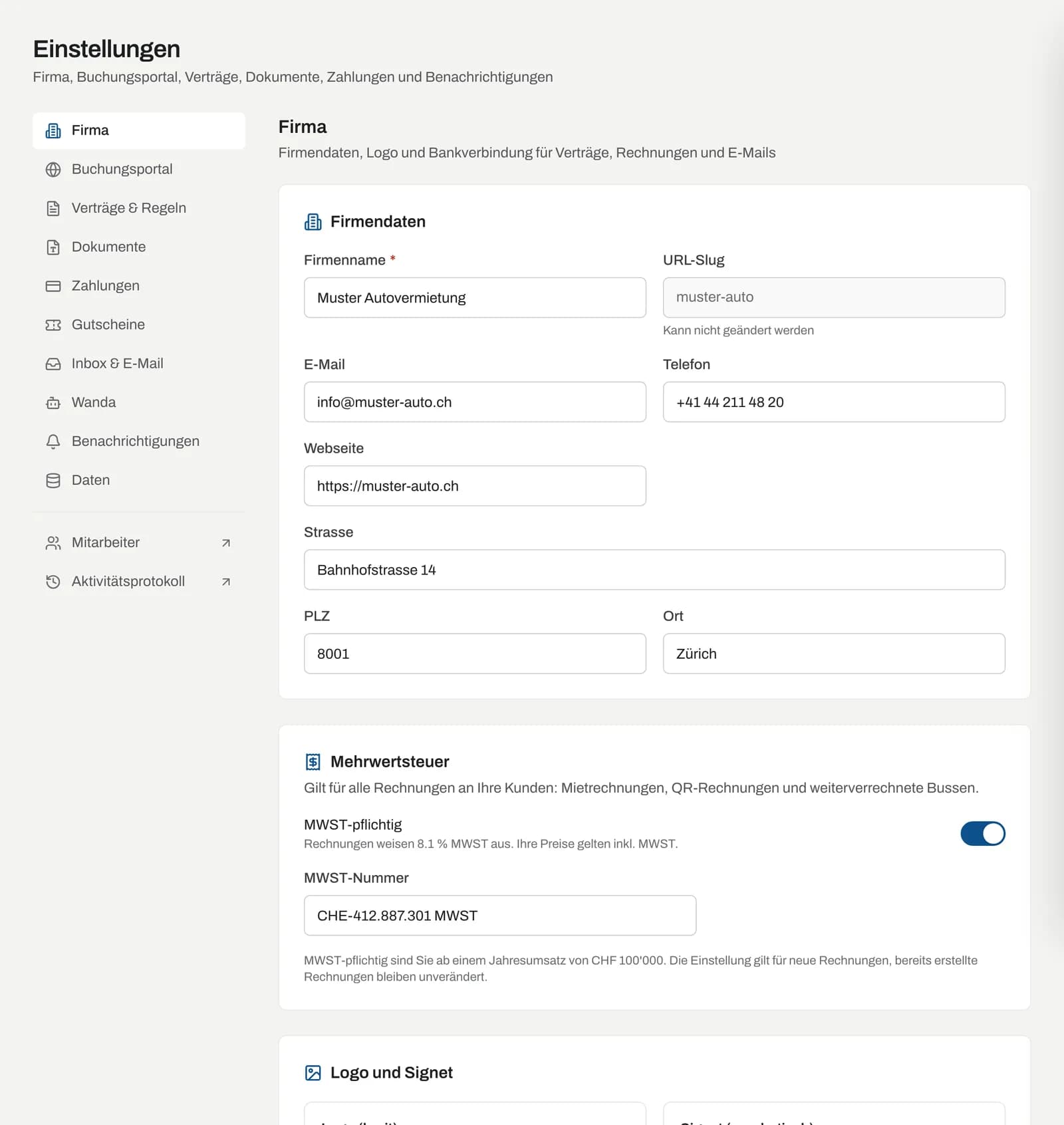 Einstellungen → Firma