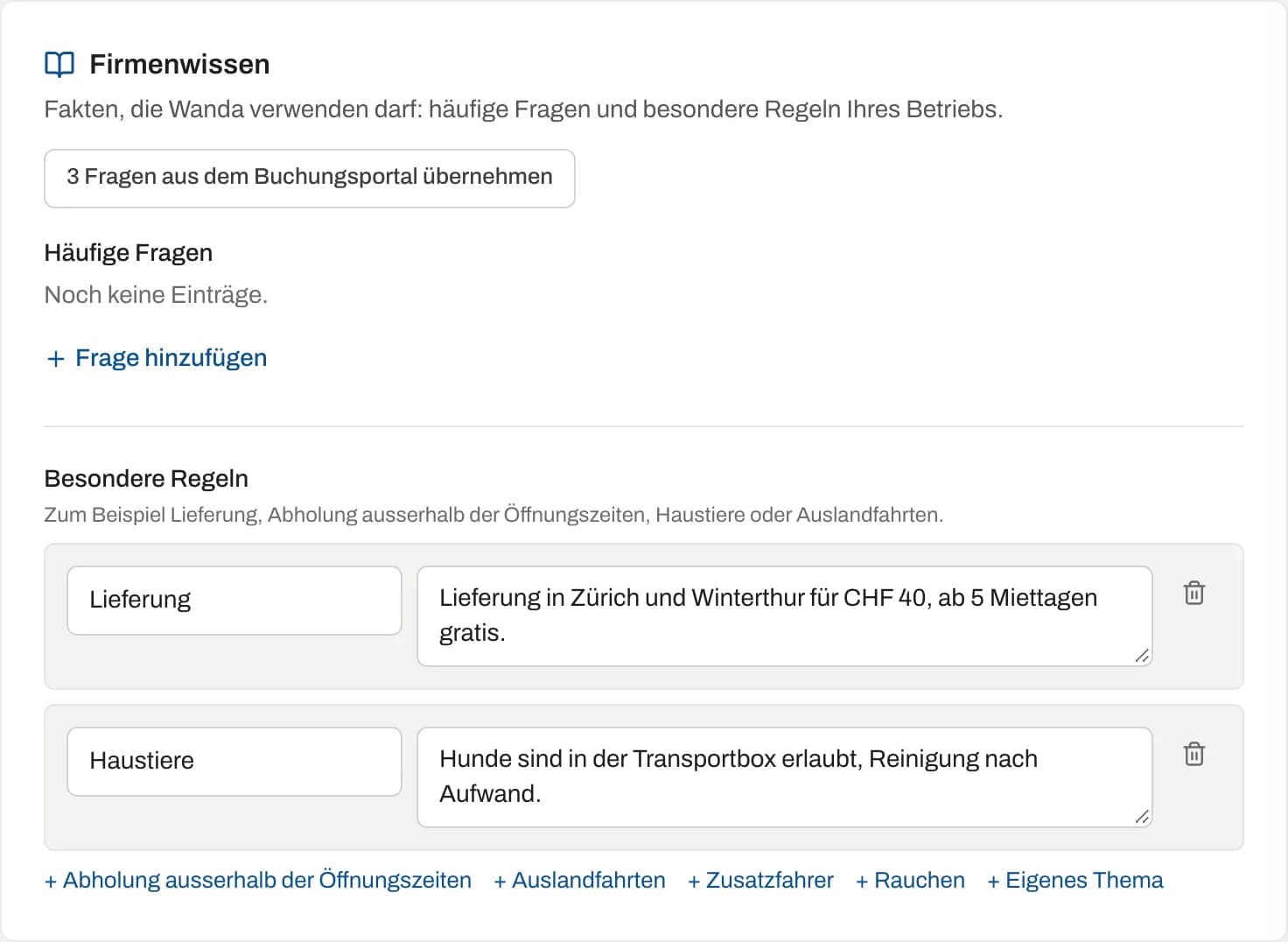 Bereich «Firmenwissen» mit häufigen Fragen und besonderen Regeln