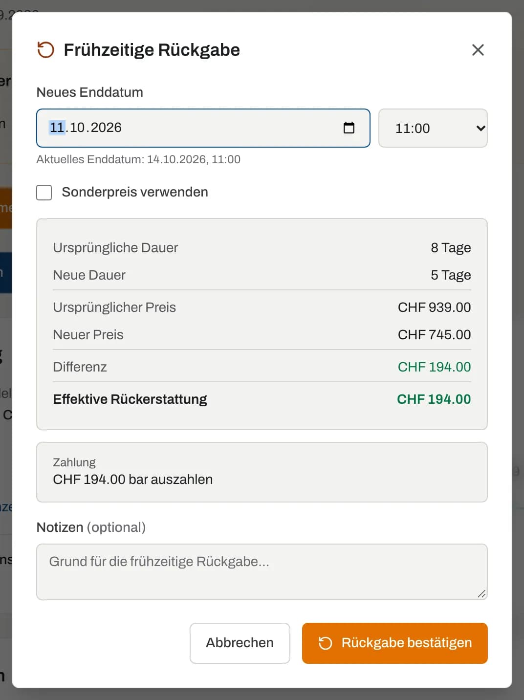 Dialog frühzeitige Rückgabe mit Rückerstattung