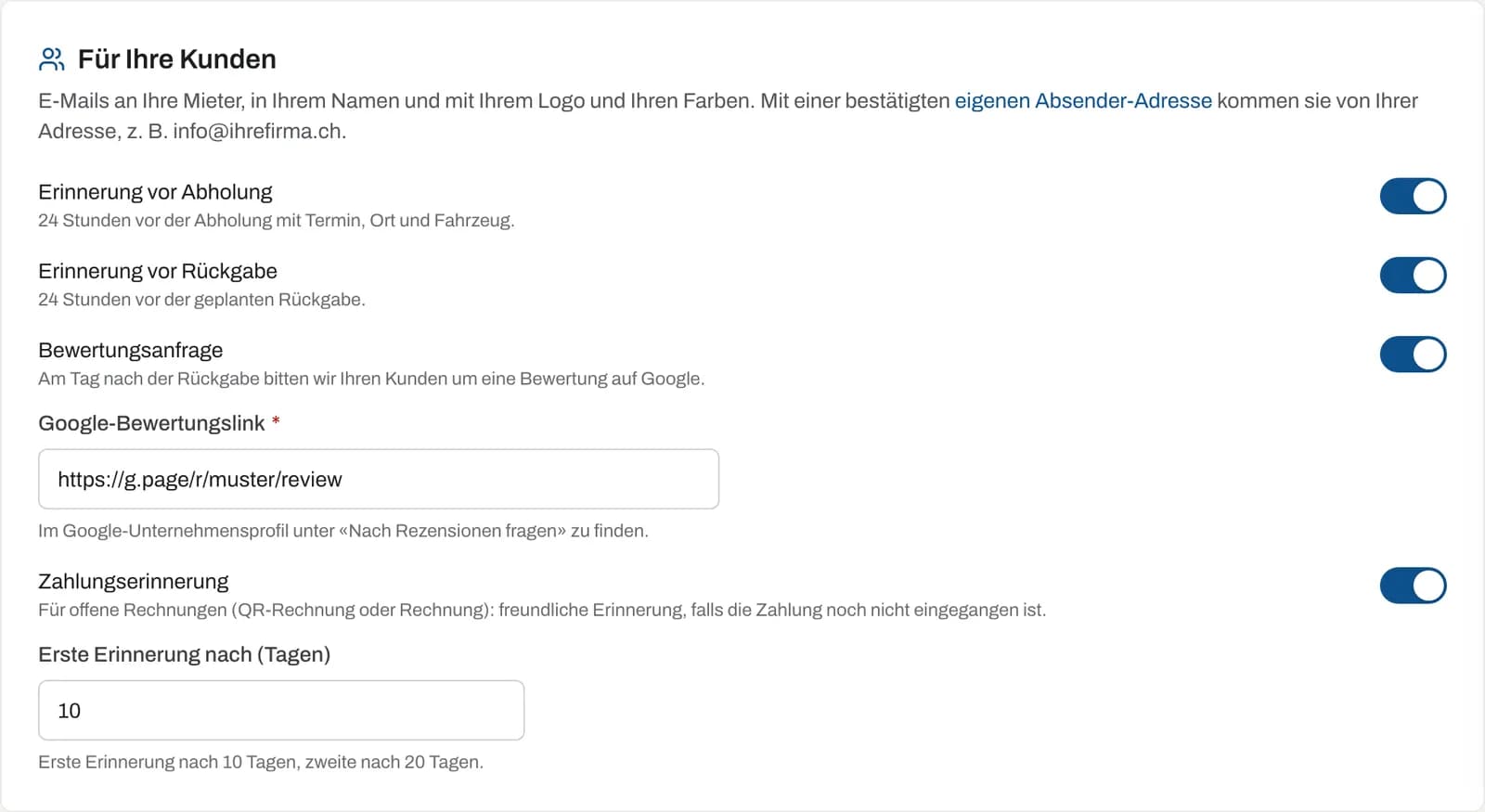 Bereich «Für Ihre Kunden» mit Erinnerungen, Bewertungsanfrage und Zahlungserinnerung